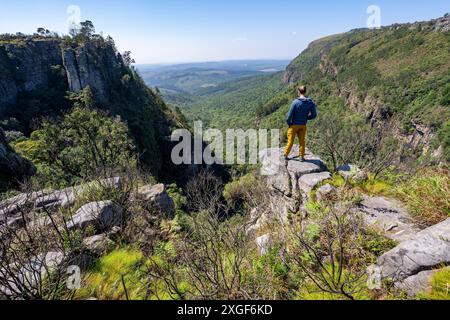 Junger Mann, der auf einem Felsvorsprung steht, Blick über dicht bewaldete Schlucht, Pinnacle Rock, in der Nähe von Graskop, Mpumalanga, Südafrika Stockfoto