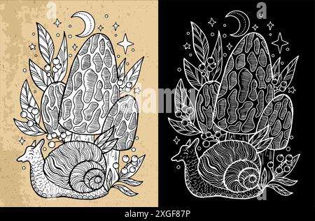 Schwarz-weiße mystische Pilze mit zauberhaften und floralen Dekorationselementen, Schnecke und Hexensymbolen. Esoterische und Hexenobjekte, t Stock Vektor