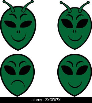 Set von grünen Alien Köpfen Stock Vektor