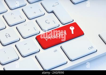 Datenschutzwort und -Symbol auf der roten Computertastatur Stockfoto
