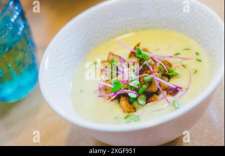 Nahaufnahme von frischer Brokkoli-Suppe mit knusprigen Croutons und Rettichsprossen in weißer Keramikschale Stockfoto