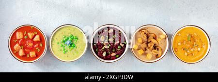 Veganes Suppenpanorama mit Kopierraum. Eine Auswahl an Gemüsecremesuppen Stockfoto