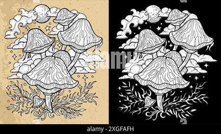 Schwarz-weiße mystische Pilze mit zauberhaften und floralen Dekorationselementen, Hexensymbolen. Esoterische und Hexenobjekte, Tätowierung Stock Vektor