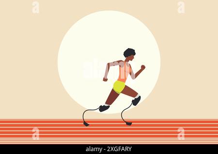 Illustration einer dunkelhäutigen Frau, die Wettkämpfe mit Beinprothesen in einem orangen Tanktop und grünen Shorts läuft. Lauf paralympic Athlet flach d Stock Vektor