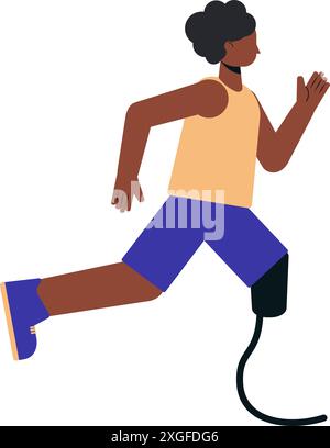 Illustration einer dunkelhäutigen Frau, die Wettkämpfe mit Beinprothesen in Tanktop und Shorts läuft. Läuferin paralympic Athlet flach Design illustr Stock Vektor