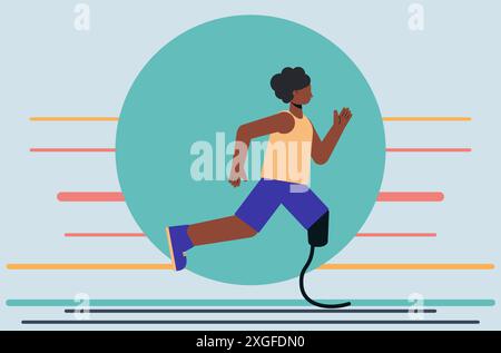 Illustration einer dunkelhäutigen Frau, die Wettkämpfe mit Beinprothesen in Tanktop und Shorts läuft. Läuferin paralympic Athlet flach Design illustr Stock Vektor