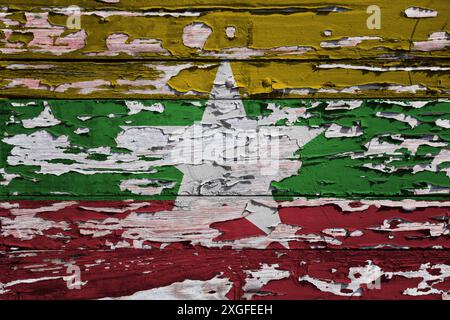 Flagge von Myanmar auf einem Holzbrett gemalt. Stockfoto