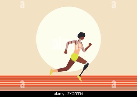 Illustration einer dunkelhäutigen Frau, die Wettkämpfe mit Beinprothesen in einem orangen Tanktop und grünen Shorts läuft. Lauf paralympic Athlet flach d Stock Vektor