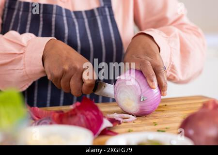 Schneiden Sie rote Zwiebeln auf hölzernem Schneidebrett, und bereiten Sie Zutaten für das Kochen vor Stockfoto