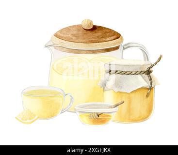 Kräutertee mit Zitrone und Honig in rustikalen Glasgefäß Schüssel Aquarell Illustration Clipart. Naturprodukte für den Winter Stockfoto