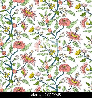 Nahtloses Muster mit handgezeichneten rosafarbenen Chinoiserie-Motiven Stock Vektor
