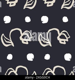 Einfarbiges, nahtloses Muster in Dunkelblau und Beige mit skizzenhaften Punkten und Blumen Stock Vektor