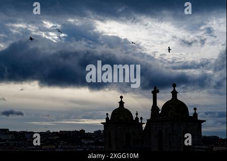 Silhouetten von Vögeln, die in der Abenddämmerung über die Kuppeldächer von Porto fliegen, schaffen eine dramatische Szene vor einem bewölkten Himmel Stockfoto