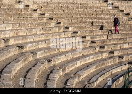 Antike griechisch-römische Amphitheater, Taormina, Sizilien, Italien Stockfoto