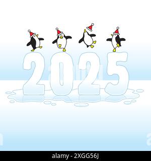 Vier glückliche Pinguine tragen Santa Hats, die auf der Eisskulptur des Jahres 2025 tanzen, die mit Blue Horizon zu schmelzen beginnt Stock Vektor