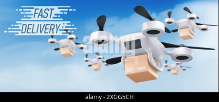 Schnelle Lieferung Banner mit fliegenden Drohnenrobotern und Papppaketen im Himmel. Realistische 3D-Vektor-Illustration des Quadcopters mit Kartonverpackung für moderne Innovationstechnologie unbemanntes Verschiffen. Stock Vektor