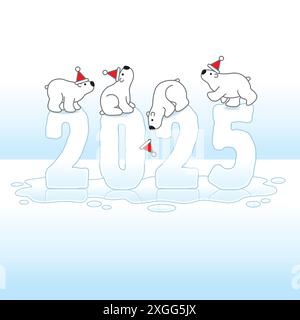 Vier niedliche Eisbären tragen Santa Hats Balancing on Frozen New Year 2025 Ice Sculpture mit Reflexionen, die zu einer kalten Puddle verschmelzen Stock Vektor