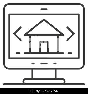 Immobilien wählen und suchen Website Internet Browser Computer Monitor dünne Linie Kunst Symbol Vektor Illustration. Ferienwohnung Wohnhaus Stock Vektor