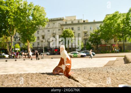 Nahaufnahme Zeitlupeneis schmilzt an sehr heißen Sommertagen in direkter Sonneneinstrahlung. Konzept Hitzewelle Sommerurlaub extreme Temperaturen und globale Wärme Stockfoto