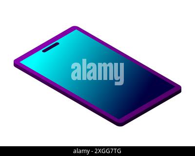 Isometrisches Neontelefon auf weißem Hintergrund. 3D farbenfrohes Handy. Mobiltelefon in violetten und blauen Farben. Smartphone-Symbolvorlage für Landing Pages Stock Vektor