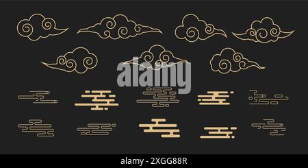 Japanisches Wolkenset, asiatisches traditionelles gewelltes Lockenschmuck. China-Ornament, östliche Deko-Kritzelei, Linie. Wolken fließen mit dem Wind am Himmel. Vektorabbildung Stock Vektor