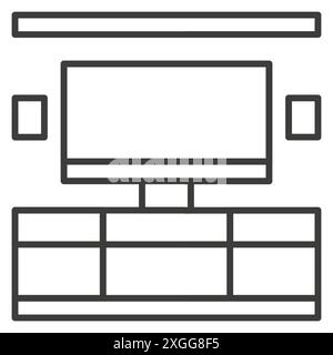 Wohnzimmer Immobilien Möbel Dekoration dünne Linie Kunst Icon Vektor Illustration. Heim-Apartment-Inneneinrichtung Element tv-Set Regale und Kommode einfach Stock Vektor