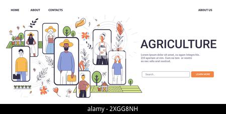 Landwirtschaftsfachleute Landwirtschaftskonzept vielfältige Menschen in Rahmen mit Pflanzen und landwirtschaftlichen Elementen buntes Banner im Hintergrund Stock Vektor
