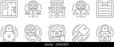 Immobilienagentur Suche Wahl Versicherung Home Plan dünne Linie Kunst Symbole setzen Vektor Illustration. Wohn-Wohnung Verkauf kaufen Miete Pictogr Stock Vektor