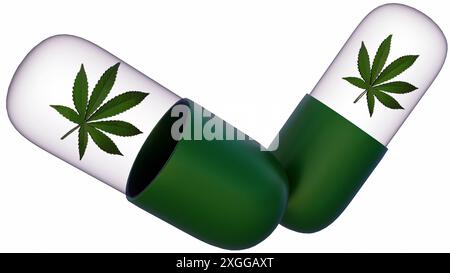 Die 3D-Darstellung von Cannabisblättern in Kombination mit einer Kapsel stellt die Erforschung von Cannabinoid-basierten Behandlungen in der Medizin dar. Stockfoto