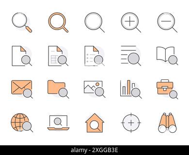 Symbole für Suchlinien festgelegt. Zoomen, Dokument finden, Glassymbol vergrößern, Look-Tool, Fernglas mit minimalen Vektorgrafiken. Einfache flache Umrissschilder für Stock Vektor