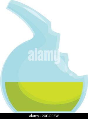 Bild im Cartoon-Stil eines zerbrochenen Chemiekolbens mit hellgrüner Flüssigkeit Stock Vektor