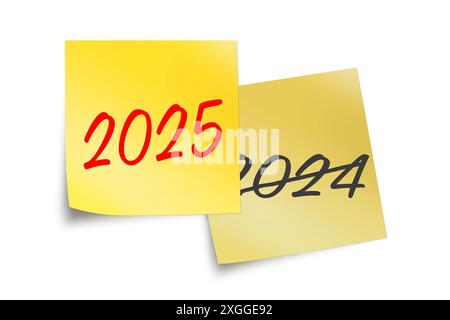 2025 und 2024 geschrieben auf gelben Haftnotizen isoliert auf weißem Neujahrsbild Stockfoto