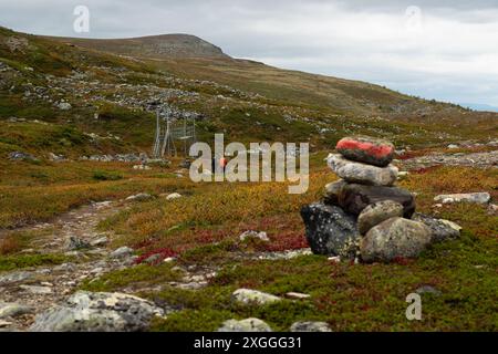 Rückansicht von 2 Wanderern, die durch die nordische Tundra zu einer Stahlbrücke über einen Fluss auf dem Kungsleden Weitwanderweg im Norden S gehen Stockfoto