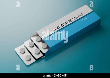 Box mit Medizin. Antidepressiva-Tabletten in einer Schachtel auf blauem Hintergrund. Stockfoto