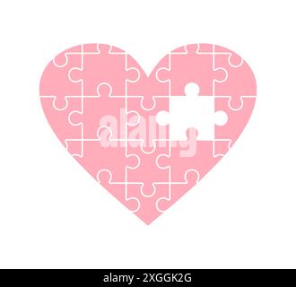 Rosafarbenes Puzzle-Herz ohne einen Teil isoliert auf weißem Hintergrund. Illustration des flachen Vektors Stock Vektor