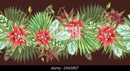 Tropische Blätter mit roten Blüten, Palmblatt, lockige Kriechpflanze, Grünpflanzen. Nahtloser Rand, Muster exotischer hawaiianischer Clipart Aquarell Stockfoto