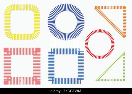 Satz einfacher und flacher unterschiedlicher Rahmen. Bunte abstrakte Bänder mit Platz für Text. Stock Vektor