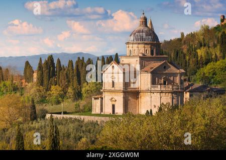 Kirche San Biagio und umliegende Landschaft. Montepulciano Stadt, Provinz Siena, Toskana Region, Italien, Europa. Stockfoto