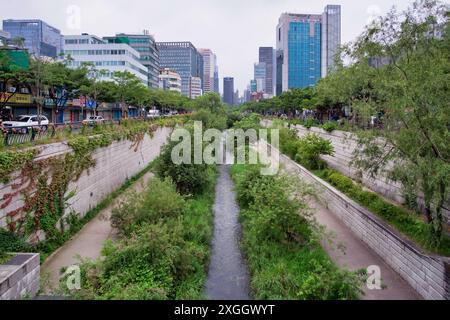 Städtischer Fluss, flankiert von Grün und modernen Gebäuden, präsentiert Seoul die Mischung aus Natur und Stadtbild Stockfoto