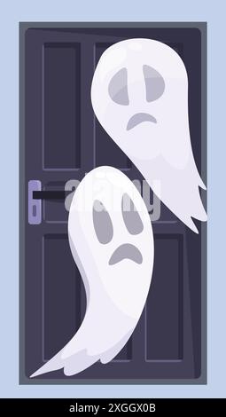 Zwei weiße Cartoon-Geister mit traurigen Gesichtern, die sich hinter einer Holztür verstecken Stock Vektor