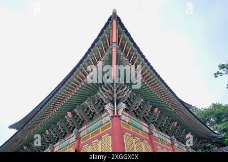 Reich verzierter Eingang zum koreanischen Palast mit leuchtender grüner und roter Farbe, die die komplizierte traditionelle Architektur zeigt Stockfoto