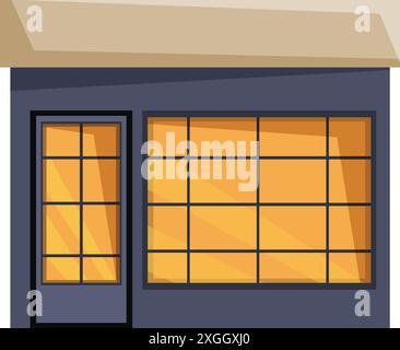 Kleines Geschäft mit großen Fenstern, in denen Produkte ausgestellt werden, Gewerbegrundstück, Ladenfront Stock Vektor