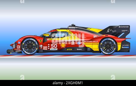 Rennstrecke von Le Mans, Frankreich, 15. Juni 2024, Ferrari 499 P zeichnende Silhouette, Sieger der Rennstrecke 24 Stunden 2024, Illustration Stockfoto