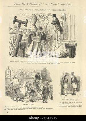 Vintage Illustrations-Cartoon von John Leech, Mr. Brigg's Pleasures of Housekeeping, viktorianischer Humor, Mitte des 19. Jahrhunderts Stockfoto