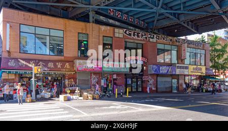 NYC Chinatown: 2 Bridge Mall, 75 East Broadway, ist ein NYC-eigenes Geschäftsgebäude unter der Manhattan Bridge mit Geschäften auf beiden Ebenen. Stockfoto