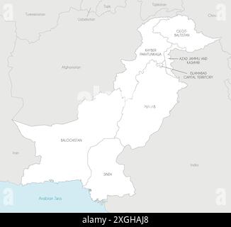 Vektor-Regionalkarte Pakistans mit Provinzen und Gebieten und Verwaltungseinheiten sowie Nachbarländern und Gebieten. Bearbeitbare und Stock Vektor