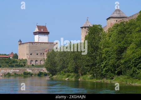 Herman Castle und Türme der Festung Ivangorod an einem Junitag. Grenze zwischen Estland und Russland Stockfoto