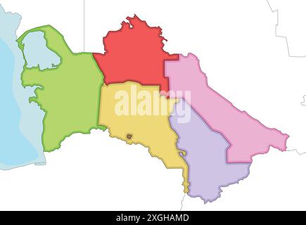 Vektor-illustrierte leere regionale Karte von Turkmenistan mit Provinzen, Hauptstadtbezirken und Verwaltungseinheiten sowie Nachbarländern A Stock Vektor