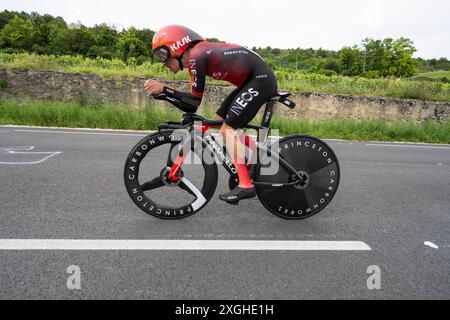 Tom Pidcock, Ineos Grenadiers, 2024 Tour de france Stage 7, Timetrial von Nuits-Saint-Georges nach Gevrey-Chambertin, Burgund, Frankreich. Stockfoto