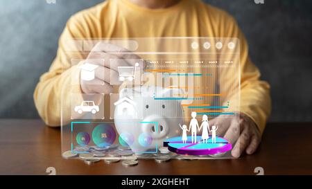 Nahaufnahme eines Mannes, der Münzen in rosafarbene Sparkasse legt. Planung erhöhen, Geld sparen für zukünftige Pläne, Altersvorsorge. B Stockfoto